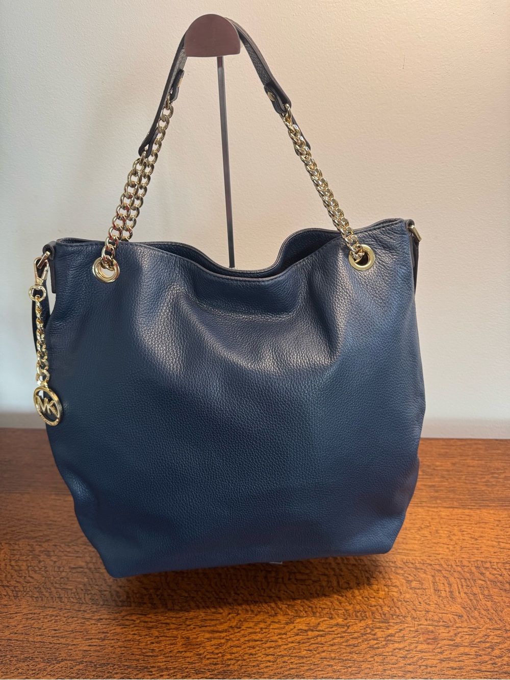 Michael Michael Kors Navy Pebbled Leather Chain Tote/Crossbody w/Gold Hardware